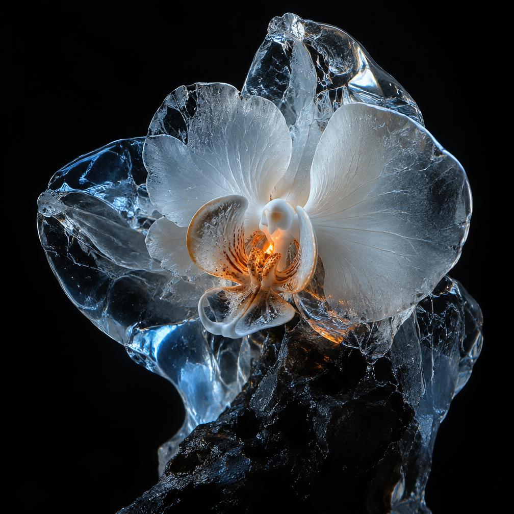 Mineral white orchid encased in blue glass