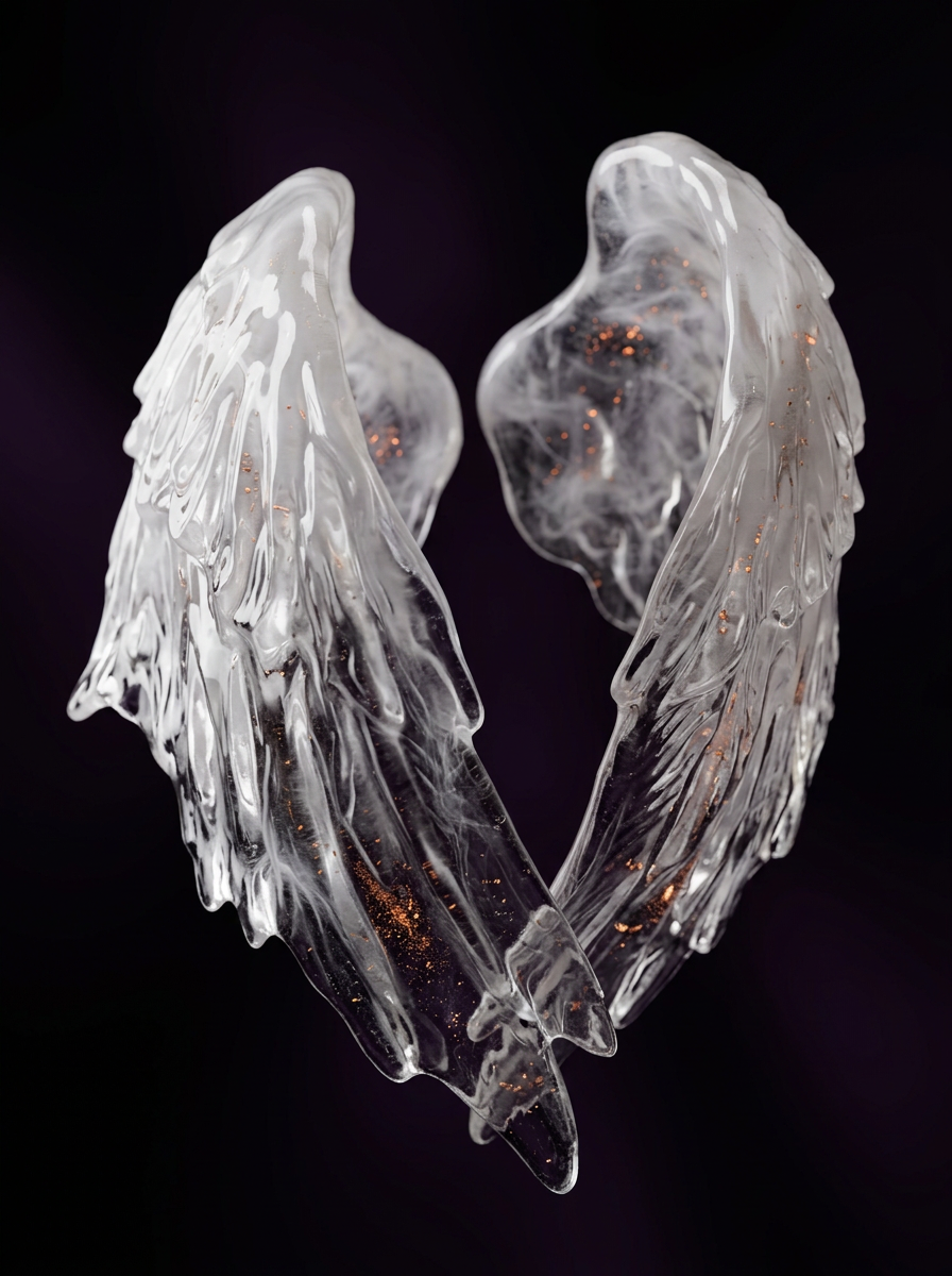 Paired translucent mineral-glass wings with suspended ember particles