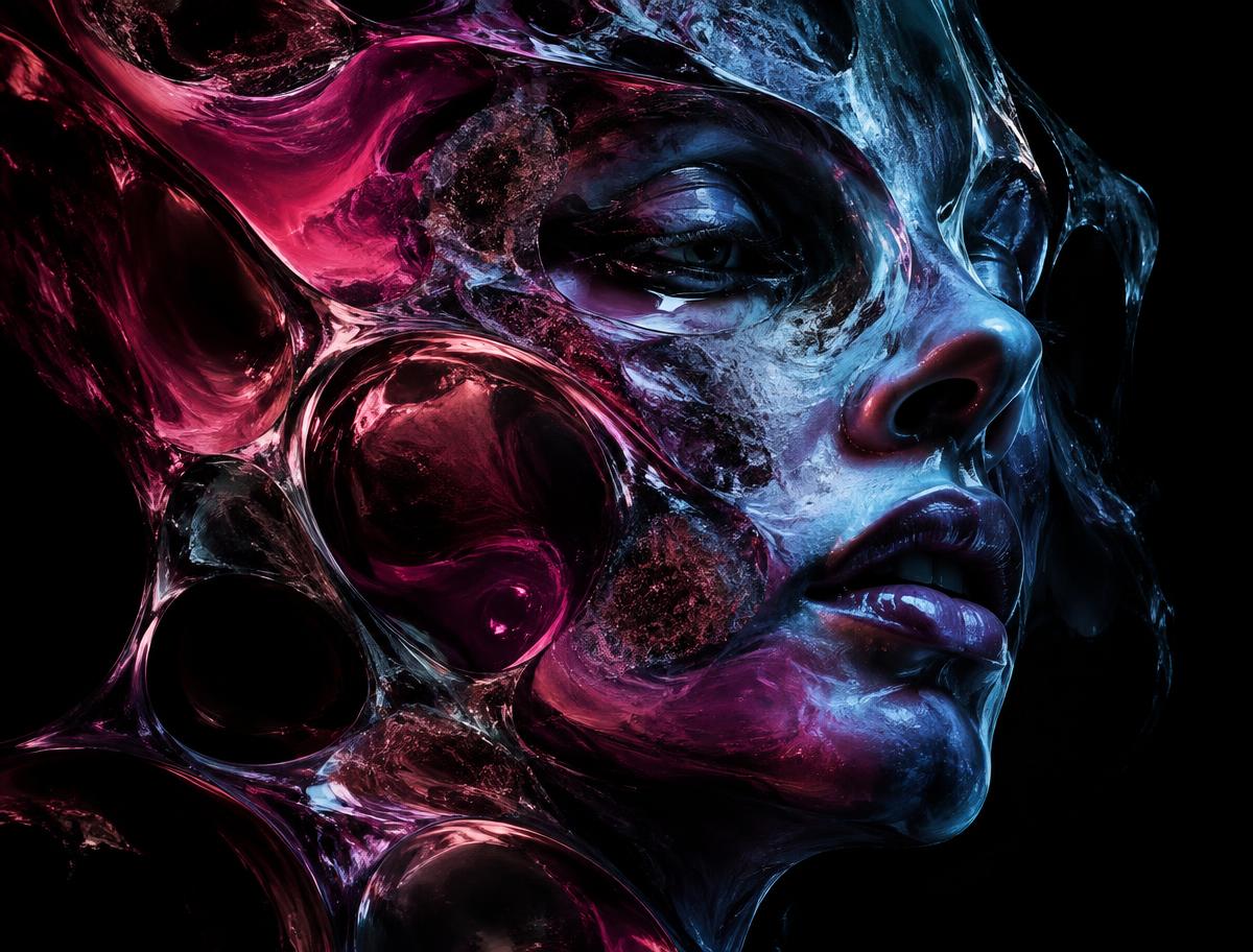 Distorted face emerging from magenta and blue glass folds