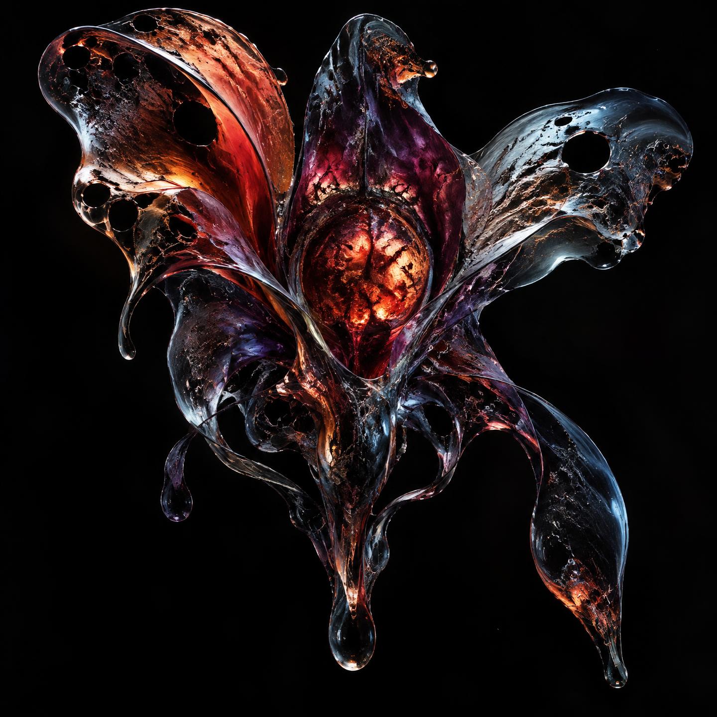 Feral glass folds lit with blood orange and bruised plum