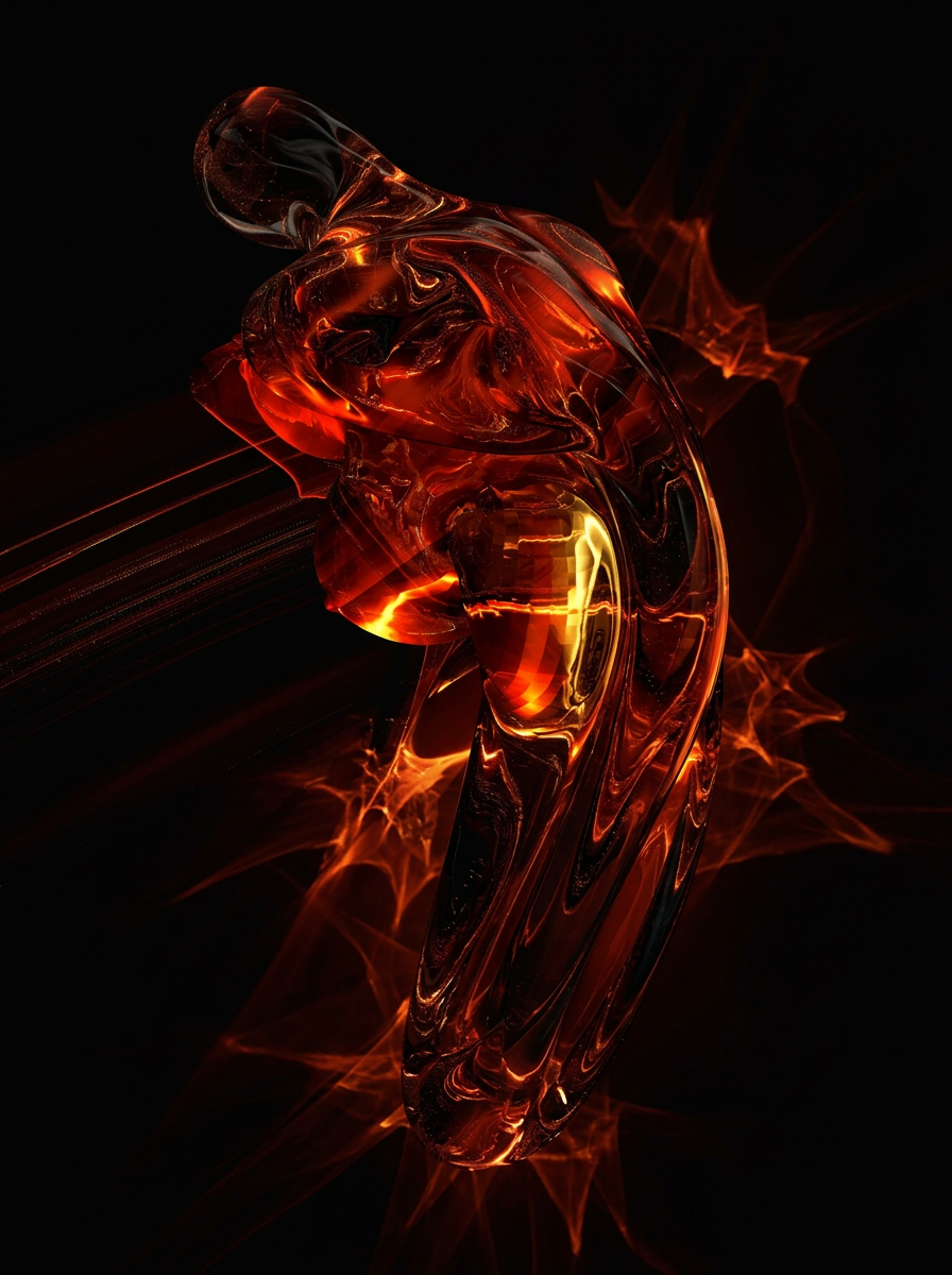 Abstract gender-neutral figure arcing in molten red glass
