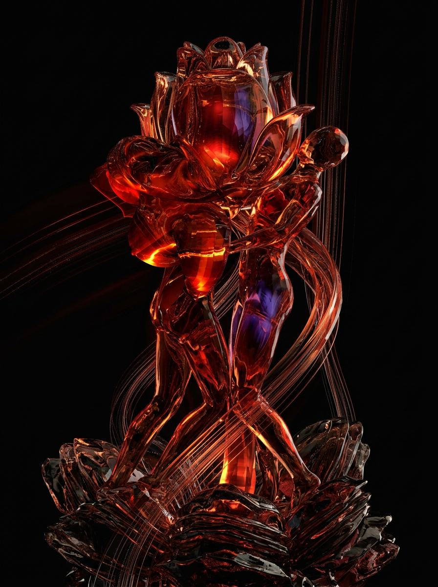 Two abstract liquid-glass figures intertwined with a botanical form