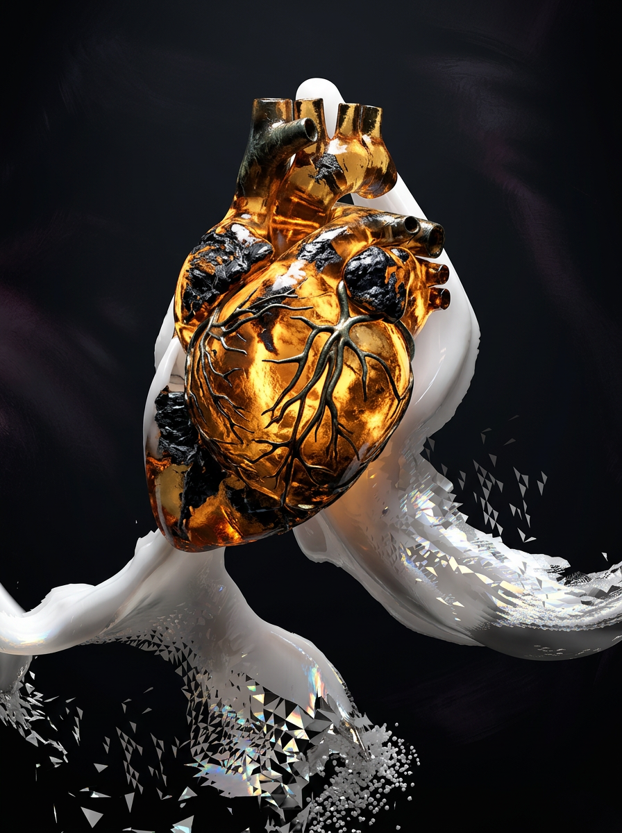 Ember-gold glass heart cradled by dissolving white liquid forms