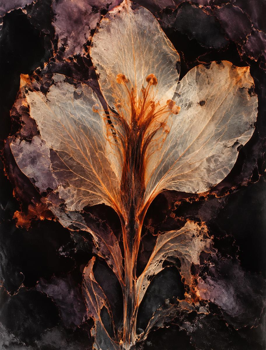 Pale botanical specimen with glowing ember veins